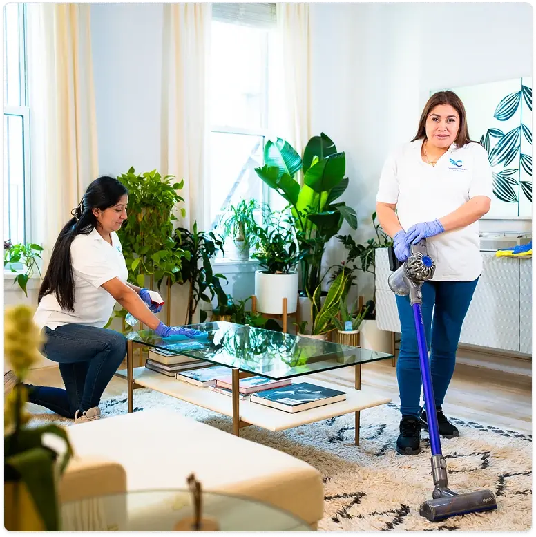 Two professional cleaners tidying up a bright living room with plants and modern decor